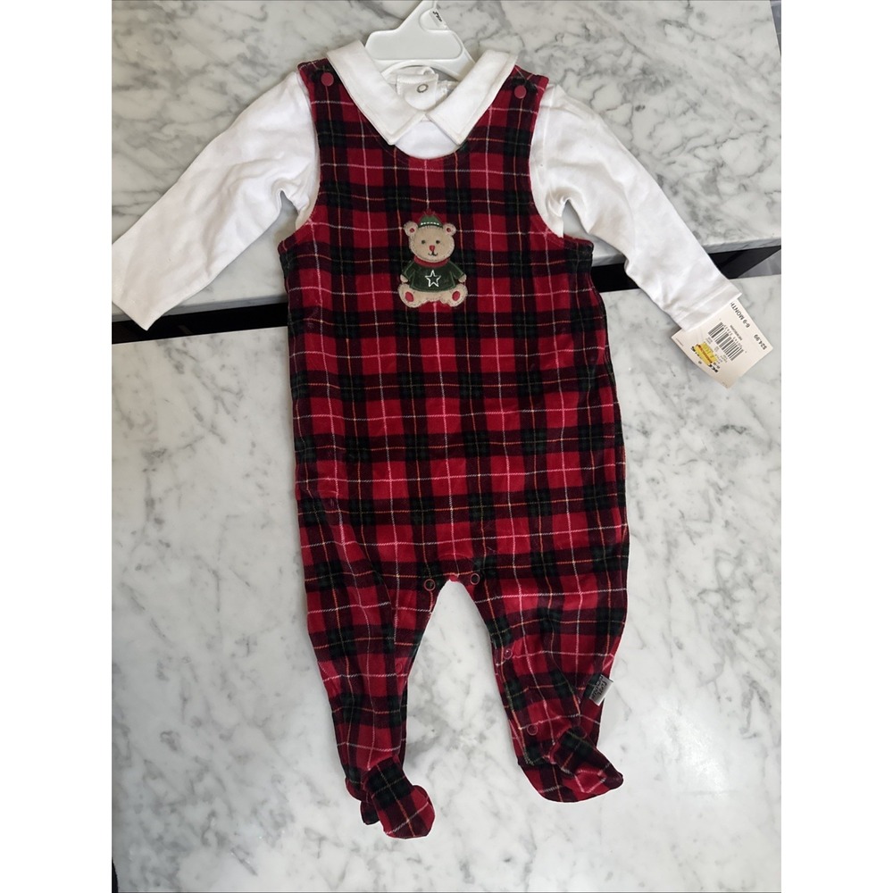 NWT First Moments My First Christmas Baby Velour Footie Sleeper Plaid Red 6-9 M